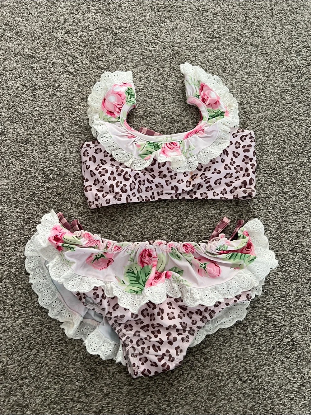 Adorable leopard and floral Cheeky Plum bikini, side 5T